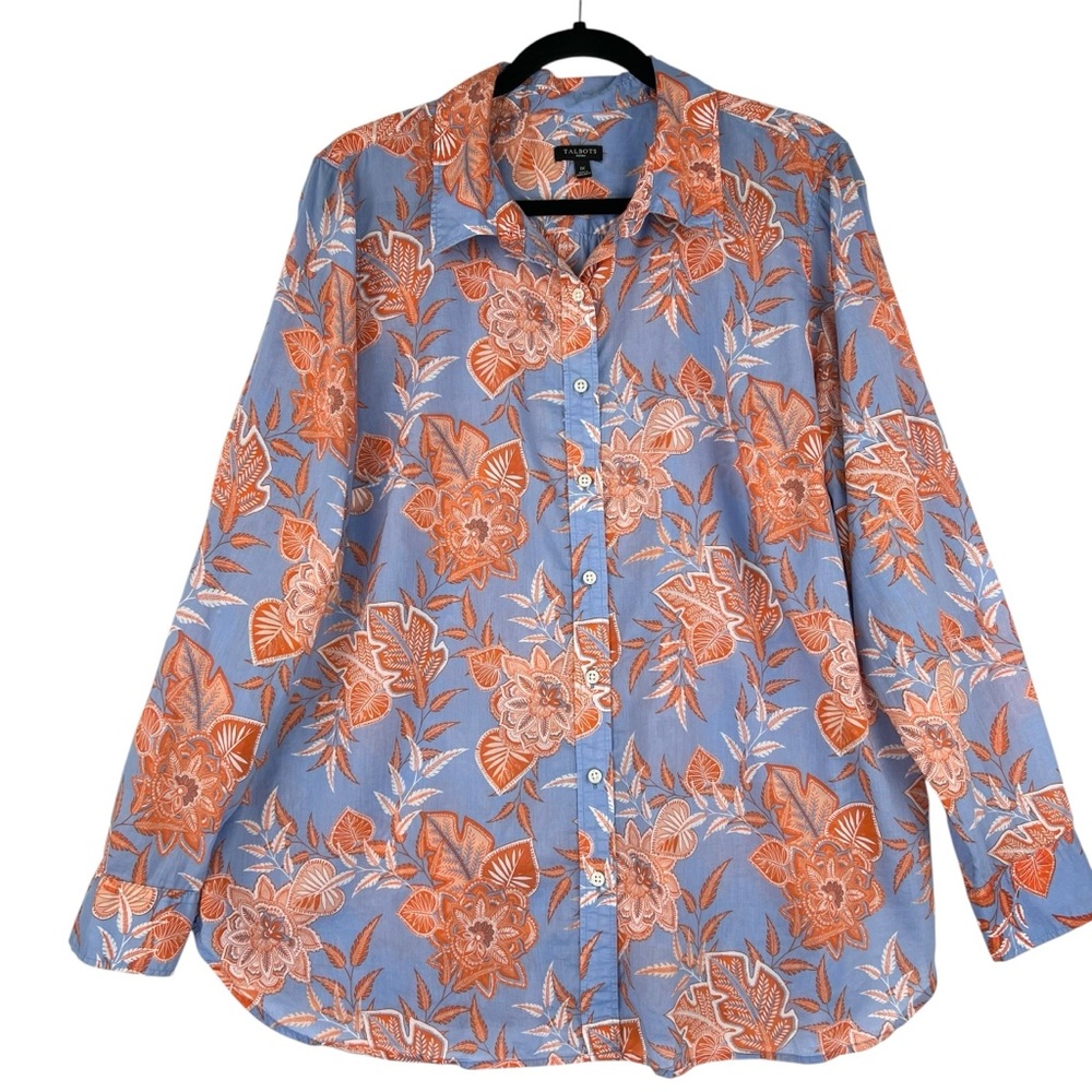 Talbots Blue Floral Long Sleeve shirt Sz 1X Button up Top Cotton Lightweight
